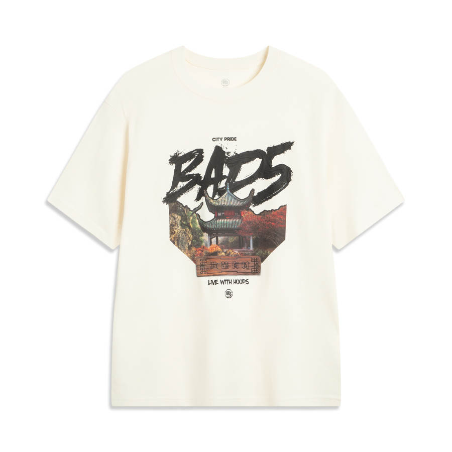 Li-Ning Li Ning BADFIVE T Shirts Men's Ecru Crew Neck Moderate Straight Fit
