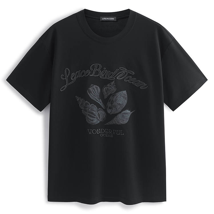 PEACEBIRD MEN Heavyweight Embroidery Print Short Sleeved T Shirts Men's