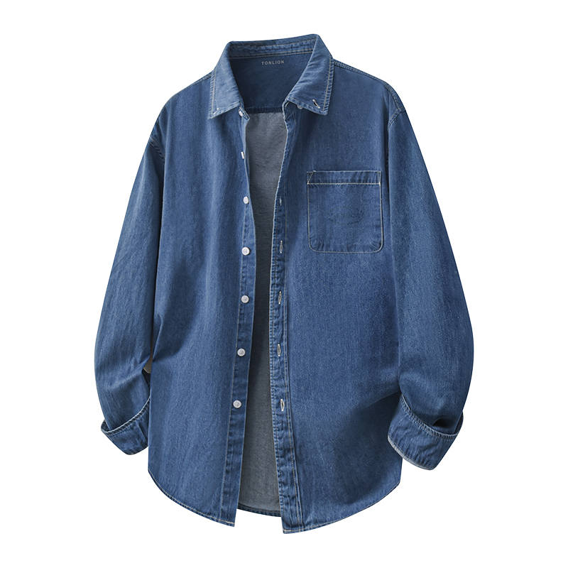 Tonlion Shirts Unisex Stand Collar Moderate Denim