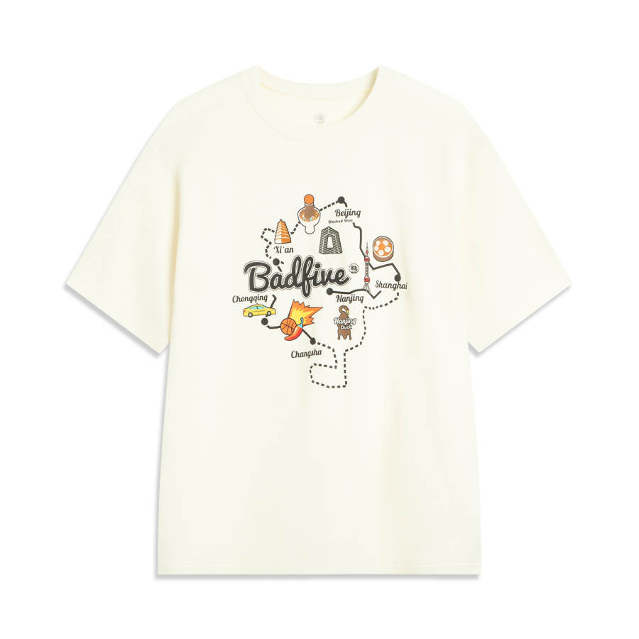 Li-Ning Li Ning BADFIVE T Shirts Men's Ecru Crew Neck Moderate Straight Fit