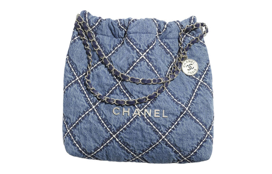 CHANEL 22Bag Denim Material Silver Metal Bucket Bags Crossbody Bag, Shoulder Bag Small Women's Blue