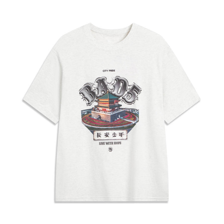 Li-Ning Li Ning BADFIVE T Shirts Men's Heather Gray Mist White Crew Neck Moderate Straight Fit