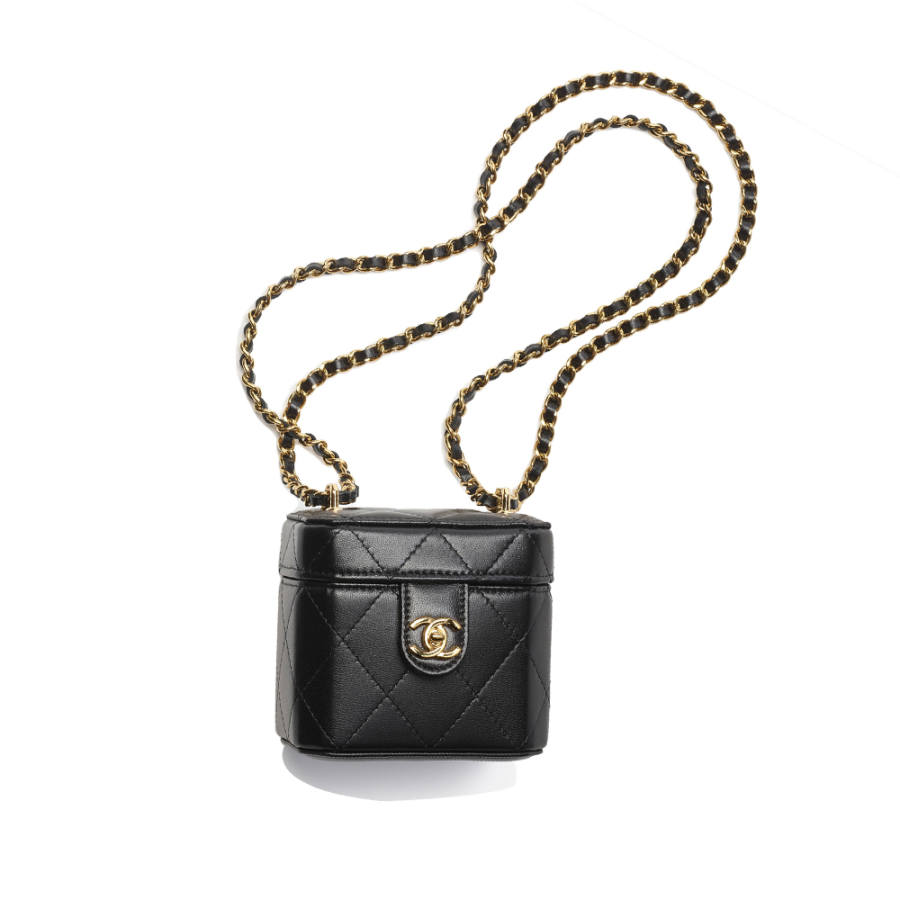 CHANEL Sheepskin Material Gold Metal Makeup Box Small Square Bag, Crossbody Bag, Shoulder Bag Small Women's Black