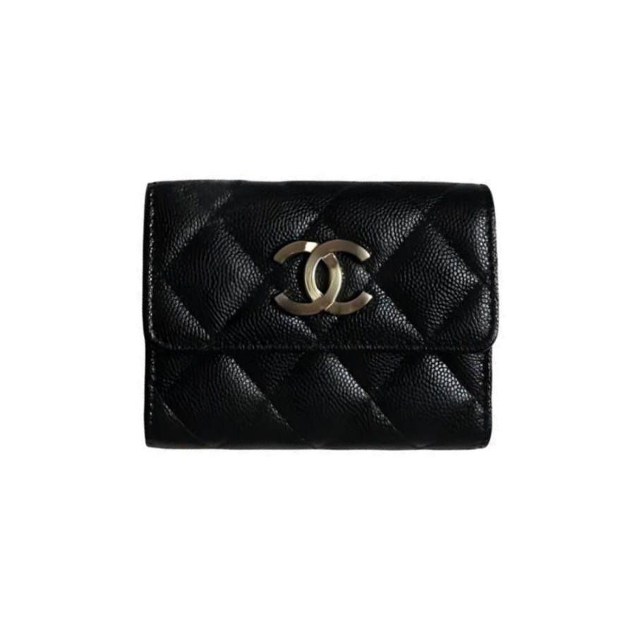 CHANEL Grain Litchi Grain Cow Leather Card Holder Women's Black