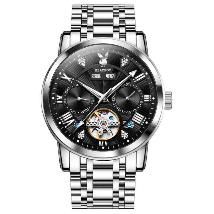 Playboy Mechanical Movement Stainless Steel Watchband Watch Men's Watches Black Dial