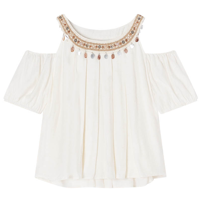 XIANGYING Shirts Women's Heron White Crew Neck Moderate Shirt
