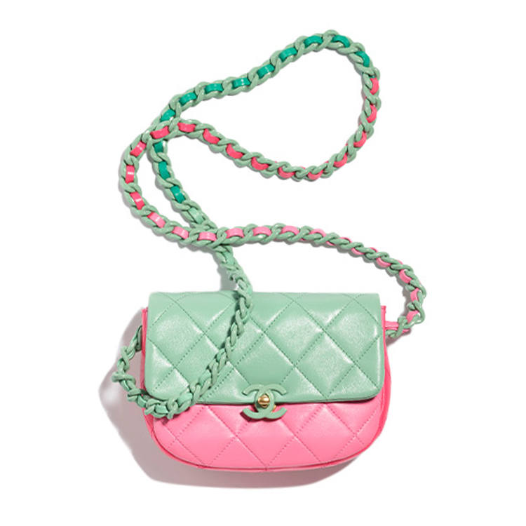 CHANEL Shiny Lambskin Shoulder Bag, Crossbody Bag Mini Women's Light Green/Pink/Red