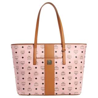 MCM Canvas Tote Bag, Shopping Bag, Shoulder Bag Regular Women's Light Mist Pink With Cognac