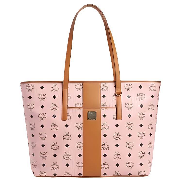 MCM Canvas Tote Bag, Shopping Bag, Shoulder Bag Regular Women's Light Mist Pink With Cognac