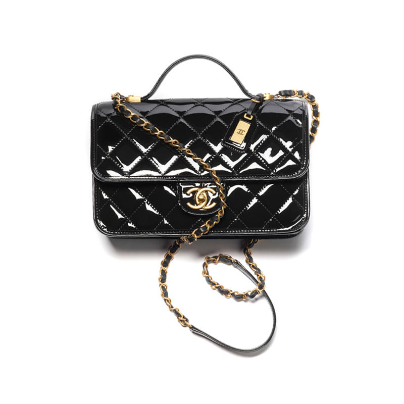 CHANEL 22K Autumn And Winter Calf Patent Leather Flap Bag, Handbag, Shoulder Bag, Crossbody Bag Medium Women's Black