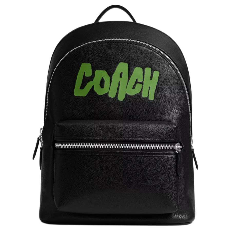 COACH COACH Charter Polished Pebble Grain Leather Backpack Large Unisex Black & Green