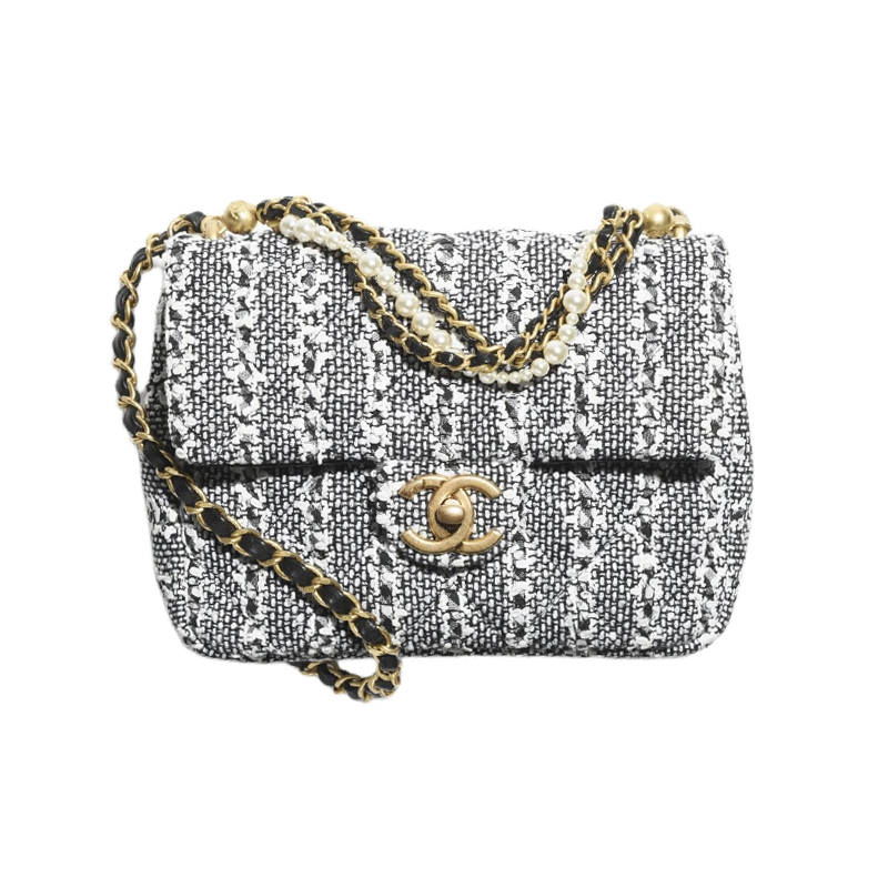 CHANEL Twill Soft Woolen Artificial Pearl Flap Bag, Shoulder Bag, Crossbody Bag Mini Women's White & Black & Silver