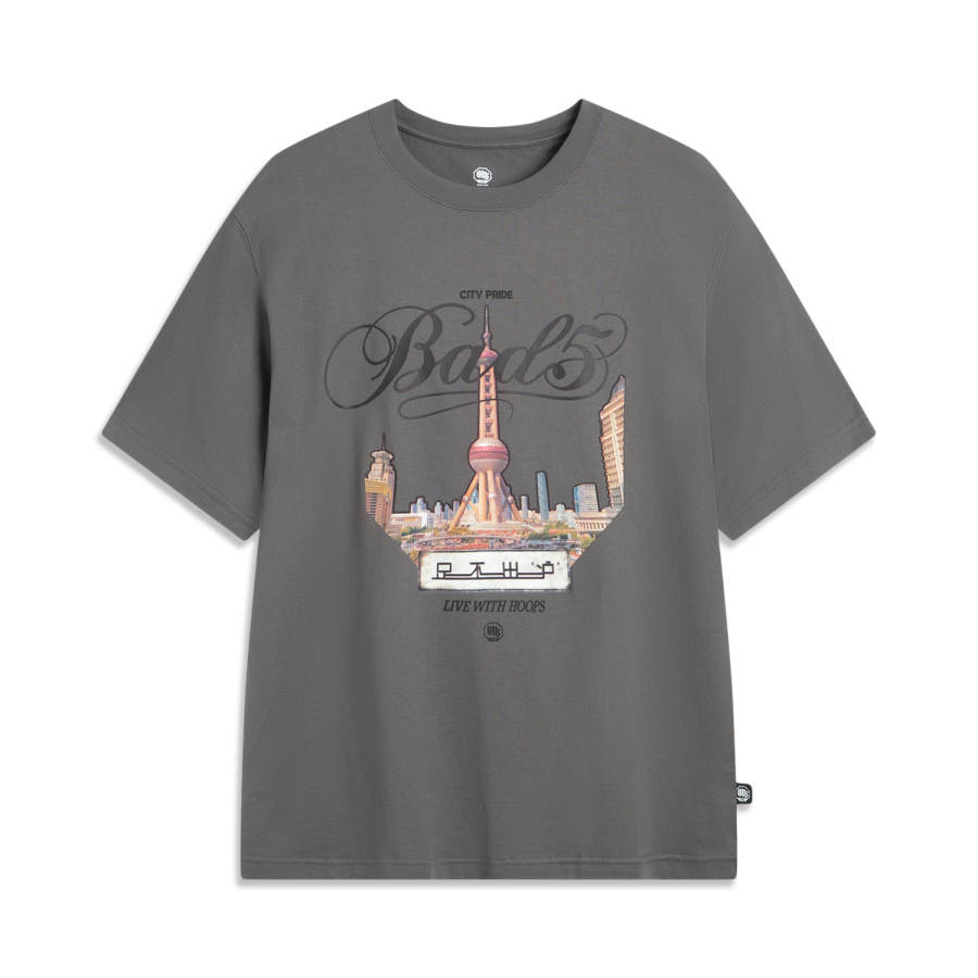 Li-Ning Li Ning BADFIVE T Shirts Men's Coal Smoke Gray Crew Neck Moderate Straight Fit
