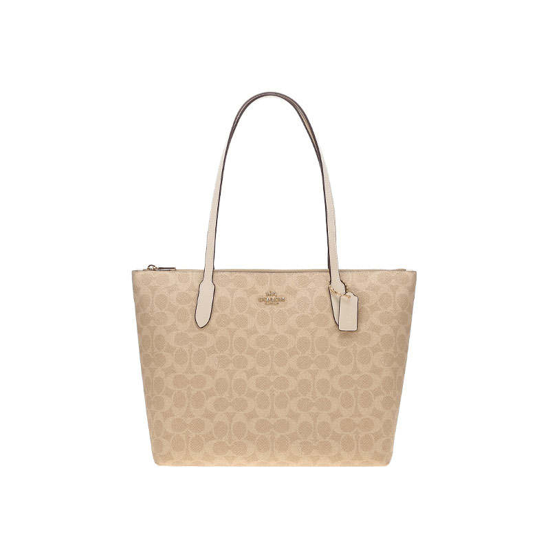 COACH Zip Top Tote Artificial Leather Tote Bag, Shopping Bag, Handbag, Shoulder Bag Large Women's Beige