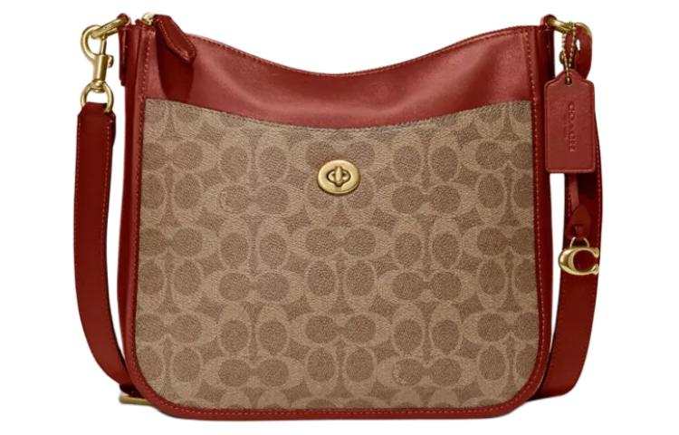 COACH Chaise Coated Canvas With Calfskin Shoulder Bag, Crossbody Bag Large Women's Brown & Rose Red