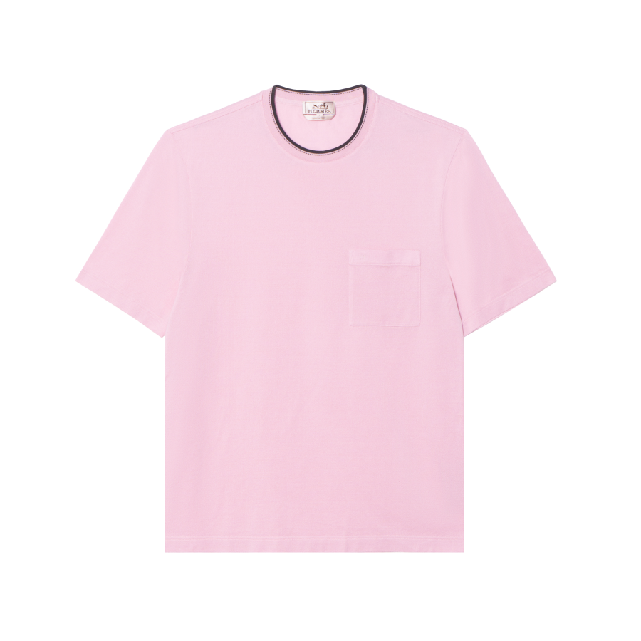 HERMES T Shirts Men's Pink Crew Neck Moderate Straight Fit