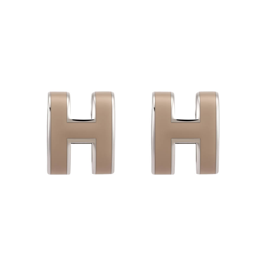 HERMES POP H Lacquered Metal Stud Earrings Women's Ice Brown, With Silver Inlay