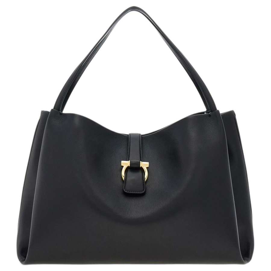 FERRAGAMO Gancini Calfskin Tote Bag, Shopping Bag, Handbag Medium Women's Black