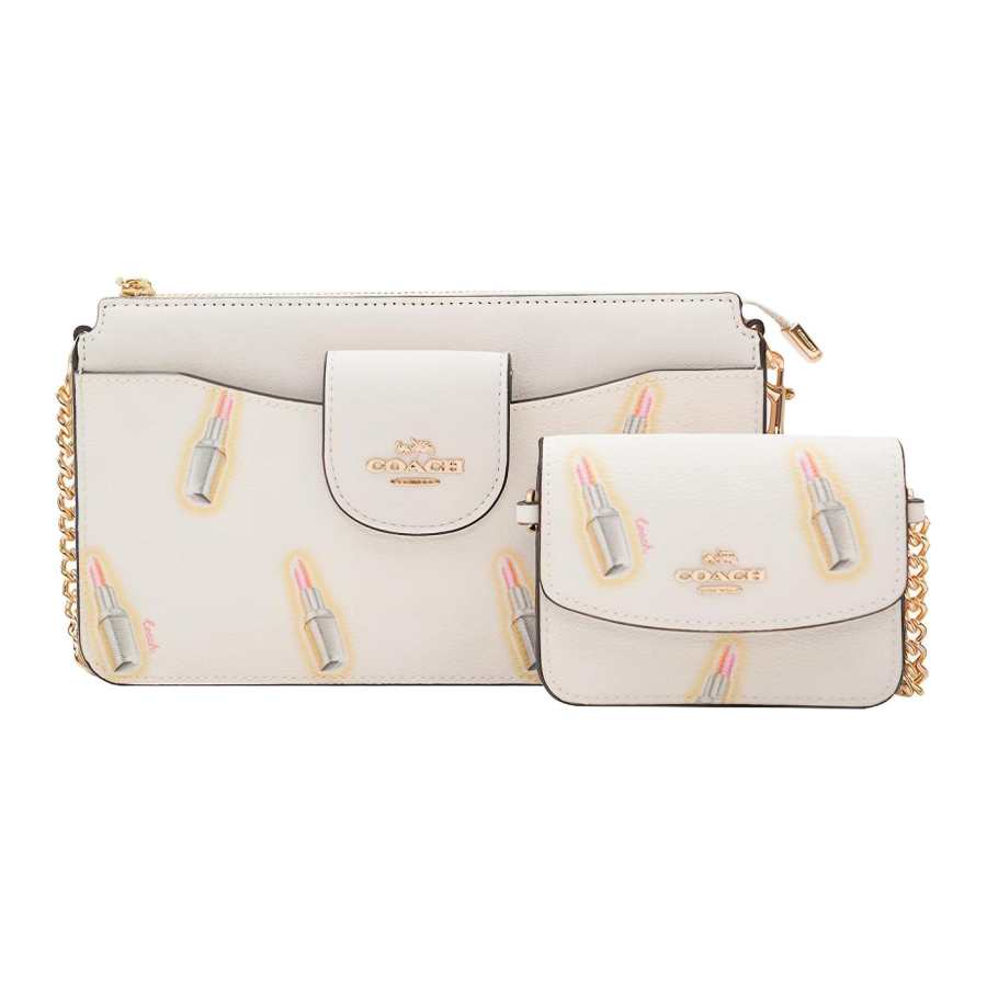 COACH POPPY Multicolor Canvas With Leather Combo Bag, Photocard Bag, Shoulder Bag Trumpets Women's White Print