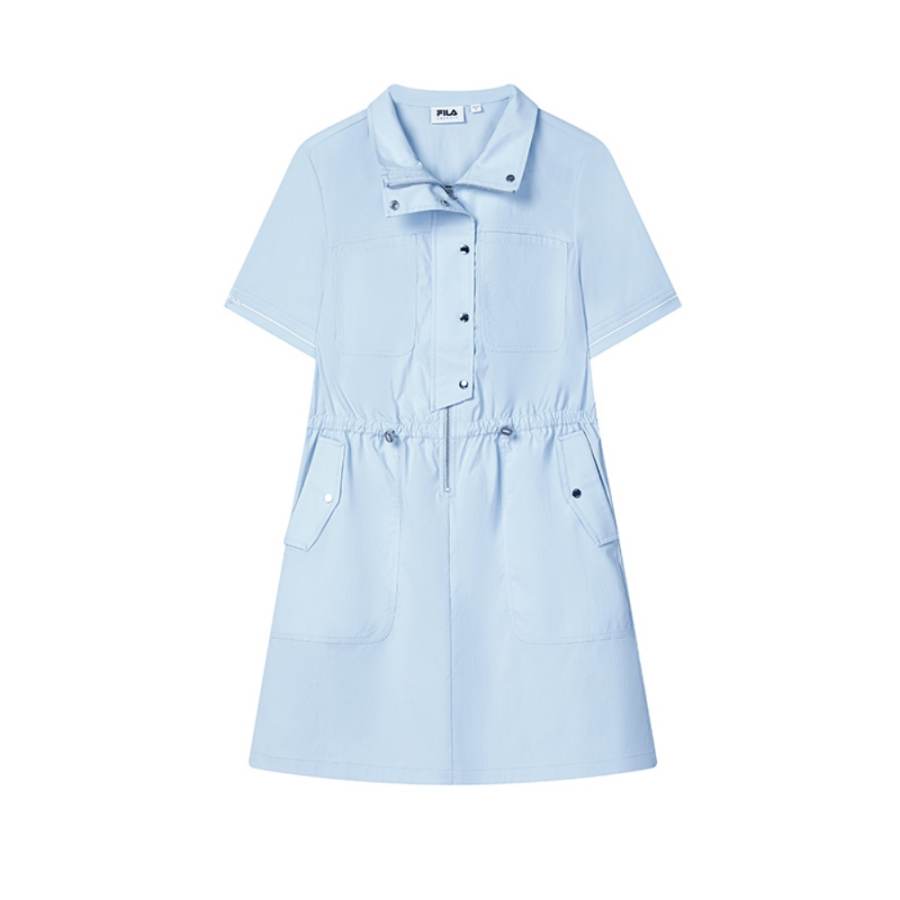 FILA Emerald Short Sleeved Dresses Women's Mist Aqua Blue BU Polo Collar Moderate Mid Length