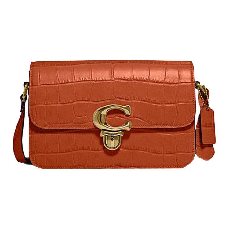 COACH Studio Crocodile Embossed Leather Small Square Bag, Camera Bag, Crossbody Bag Medium Women's Orange
