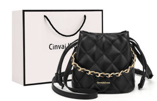 CinvaiKrose Cow Leather Synthetic Leather Crossbody Bag Shoulder Bag Portable Bucket Bag Small Size Women's Black/Ecru