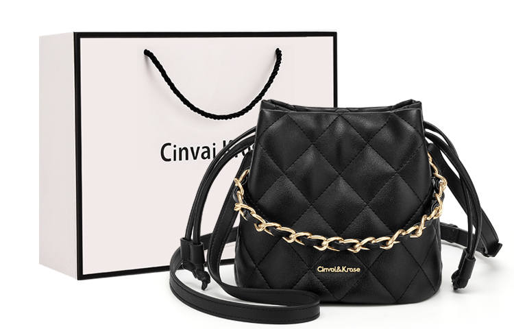 CinvaiKrose Cow Leather Synthetic Leather Crossbody Bag Shoulder Bag Portable Bucket Bag Small Size Women's Black/Ecru
