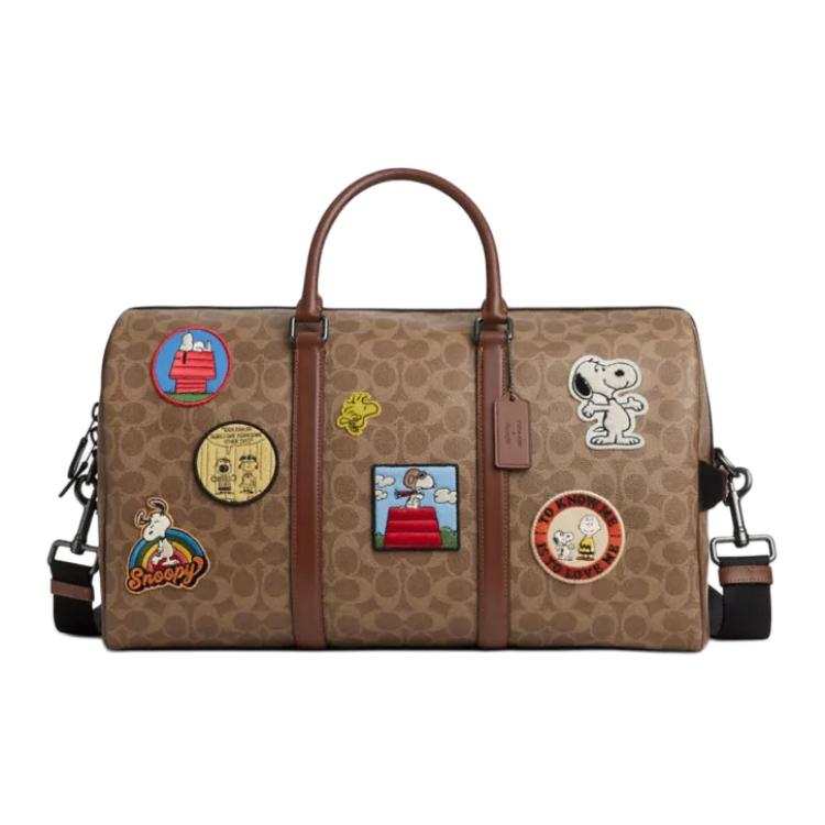 COACH PEANUTS Collaboration Signature Coated Canvas With Leather Boston Bag One Shoulder Crossbody Handheld Travel Bag