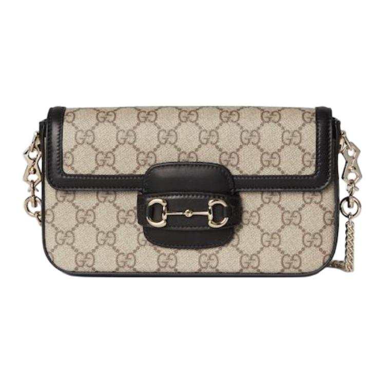 GUCCI Horsebit 1955 Leather Trim Shoulder Bag Mini Women's Beige & Dark Brown