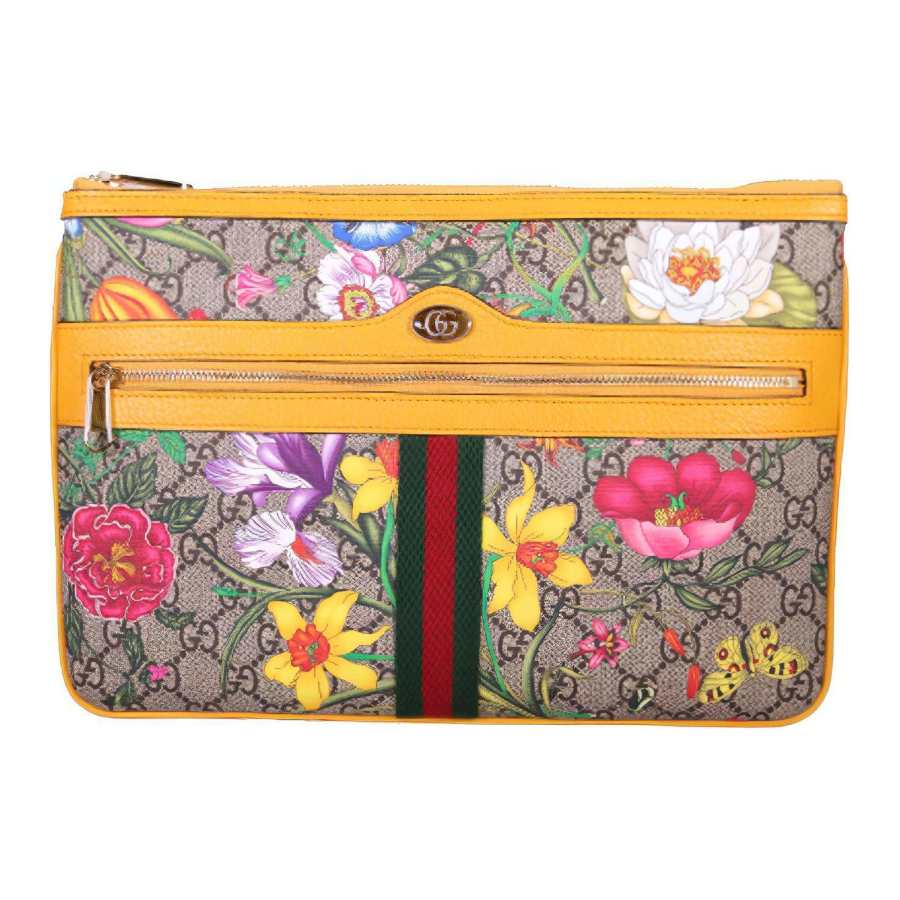 GUCCI Ophidia Canvas With Leather Clutch Large Women's Ebony & Yellow & Multicolor