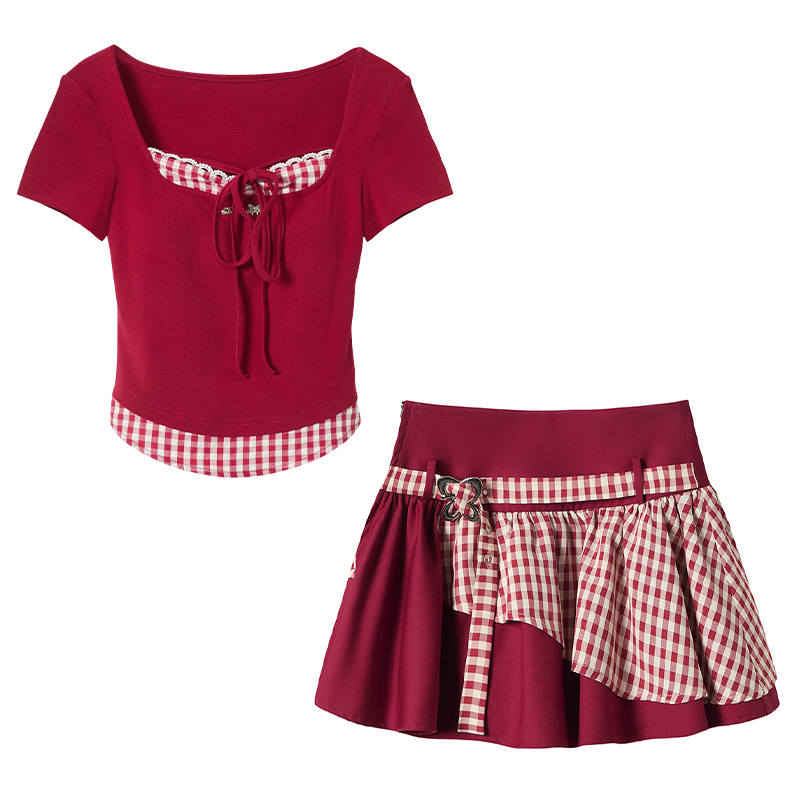 FABRIC PIG Two Piece Skirt Sets Women's Crew Neck Thin Short