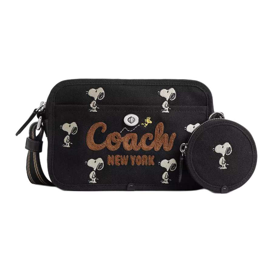 COACH PEANUTS Collaboration Canvas With Twill Fabric Camera Bag, Shoulder Bag Small Women's Black