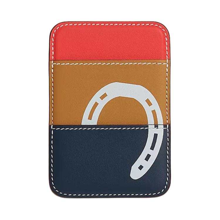 HERMES Magsafe Swift Calfskin Card Holder Women's Marine Blue & Sesame & Orange