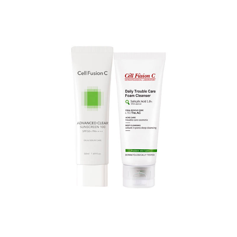 Cell Fusion C Green Sun Protection Primer Cream Facial Cleanser Skincare Sets Hydrating Cleaning 50ml+130ml