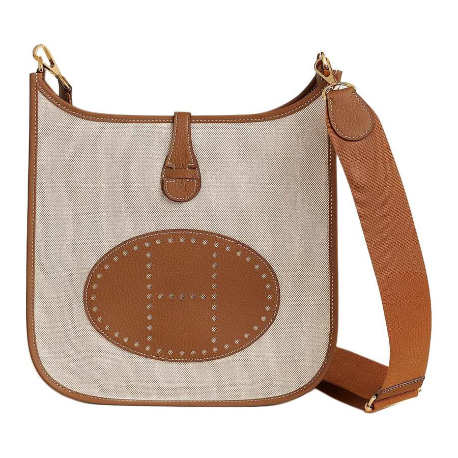 HERMES Evelyne H Canvas And Clemence Calfskin Crossbody Bag, Shoulder Bag 29 Women's Ecru/Ivory White/Gold