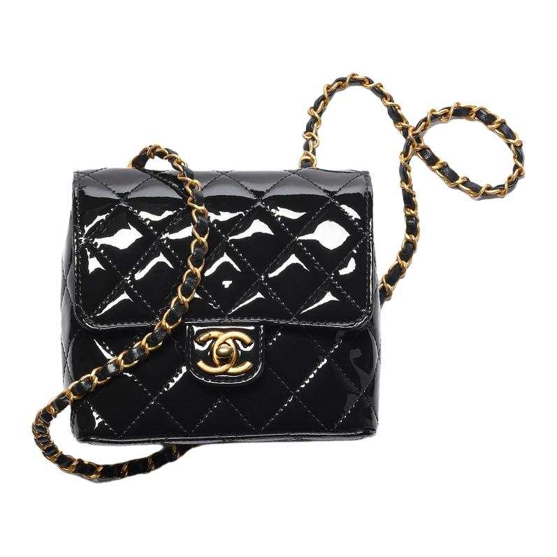 CHANEL 22K Autumn And Winter Calf Patent Leather Flap Bag, Camera Bag, Crossbody Bag, Shoulder Bag Mini Women's Black