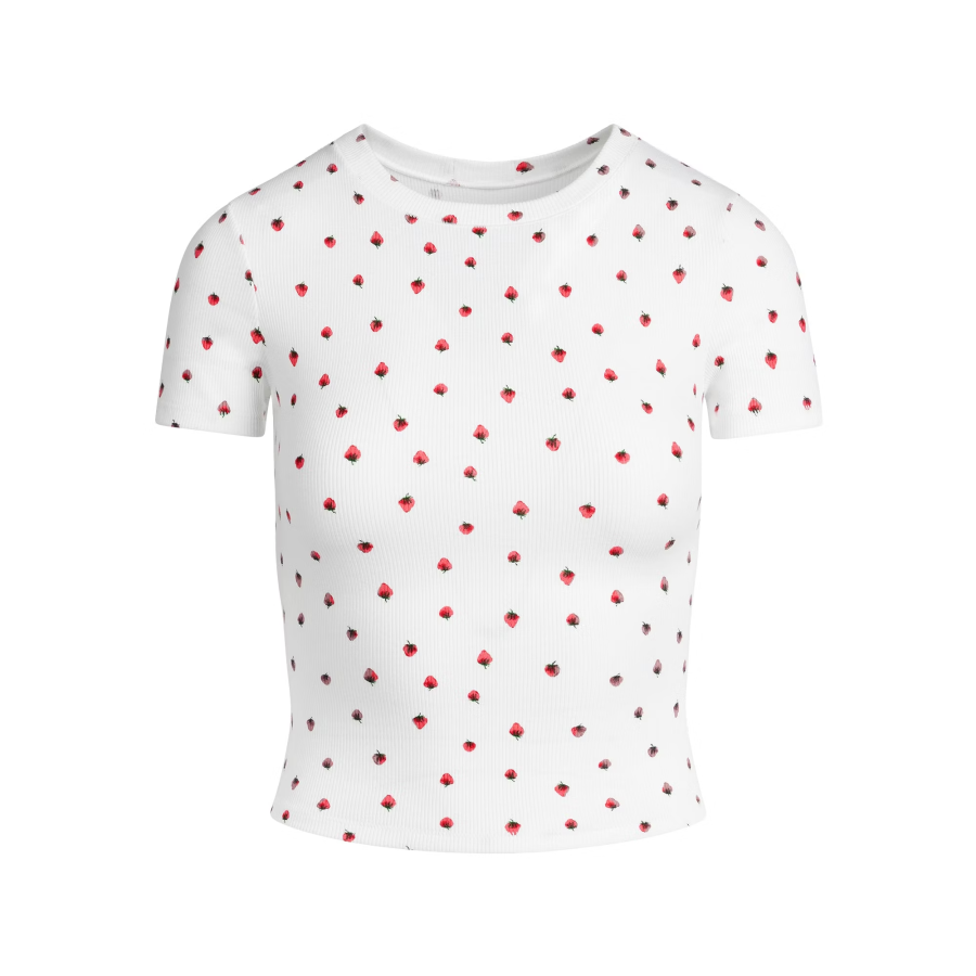 Skims T Shirts Women's Snow Strawberry Print Crew Neck Moderate