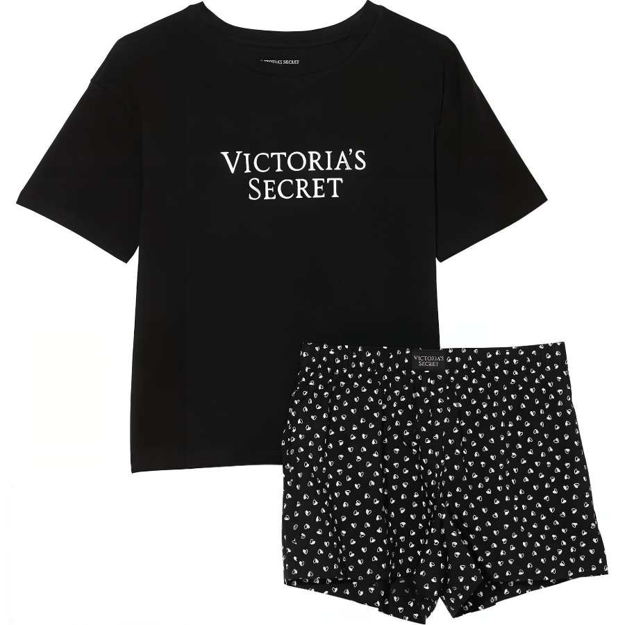 Victoria's Secret Cotton Short Tee Jama Set/Black Hearts Pajama Set Women's Black