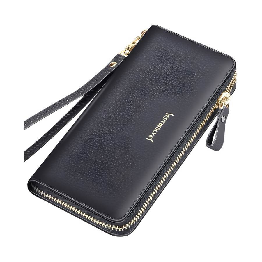 SEPTWOLVES Zip Closure Cow Leather Wallet Women's Black