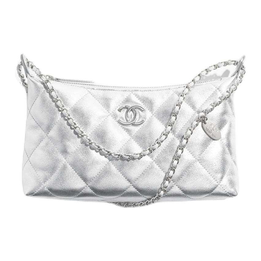 CHANEL Cow Leather Material Silver Chain Shoulder Bag Women's Silver