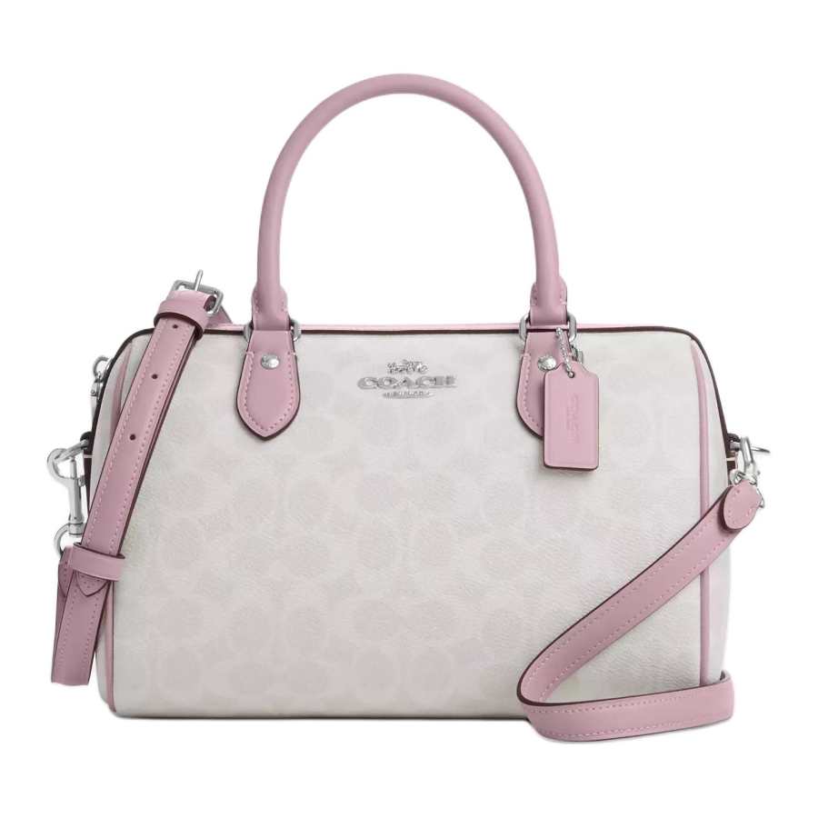 COACH Rowan Coated Canvas Boston Bag, One Shoulder Handbag Medium Women's Silver & White & Carnation