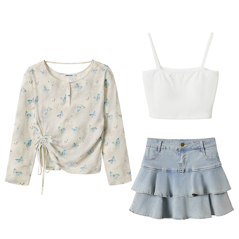 FABRIC PIG Two Piece Skirt Sets Women's Crew Neck Thin Short