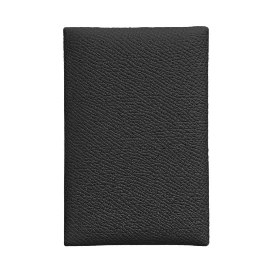 HERMES Calvi Silver Tone Buckle Epsom Calfskin Business Card Holder Women's 89 Noir Black