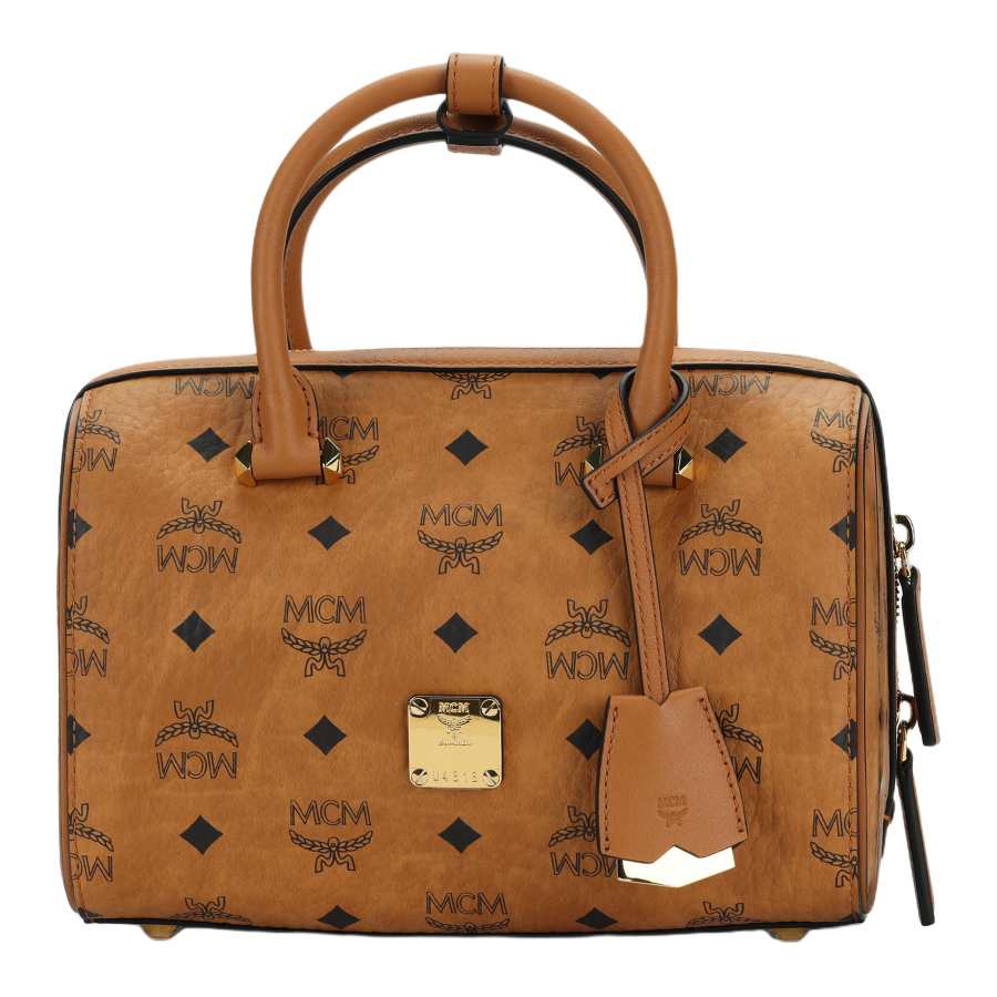 MCM Aren Leather Trim Handbag Small Unisex Brown & Cognac