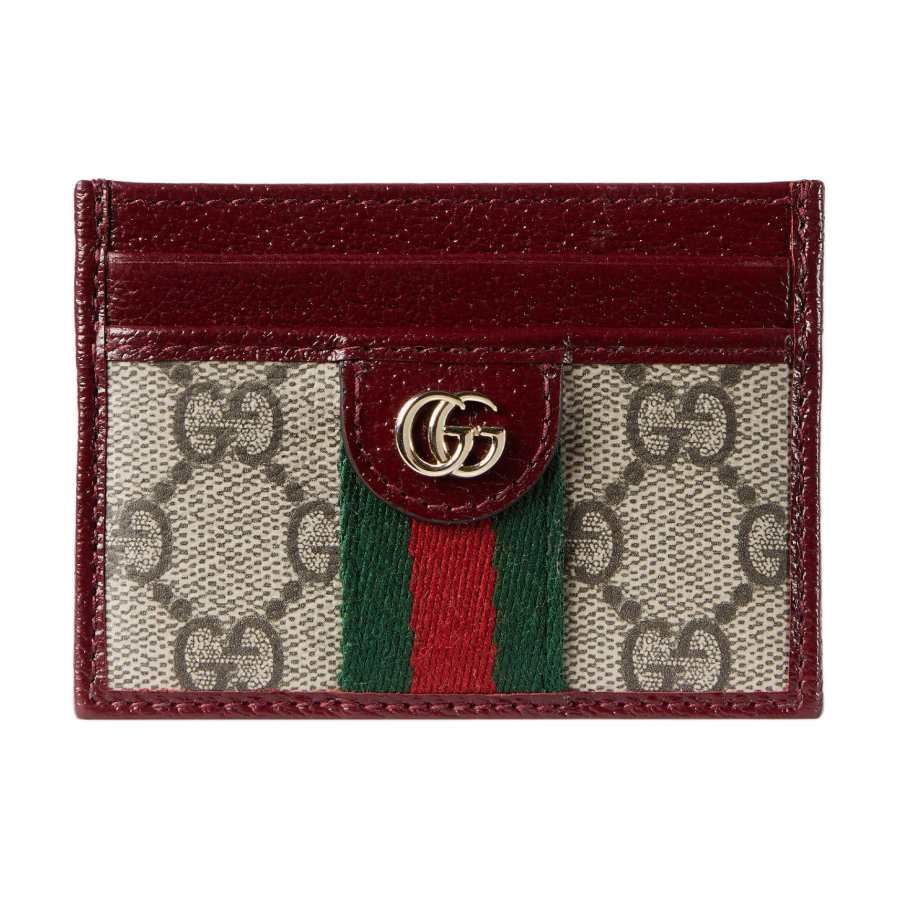 GUCCI Ophidia Leather Paneled Canvas Card Holder Women's Beige & Dark Brown