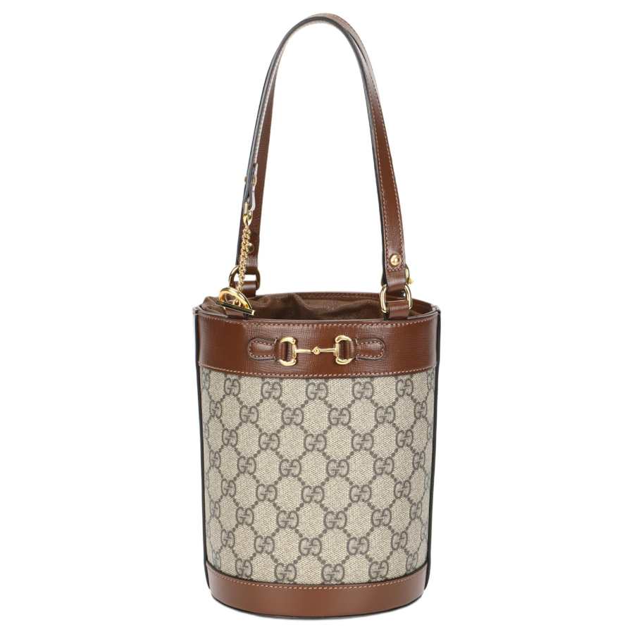 GUCCI Horsebit 1955 Canvas With Leather Bucket Bag, Shoulder Bag Small Women's Ebony & Brown