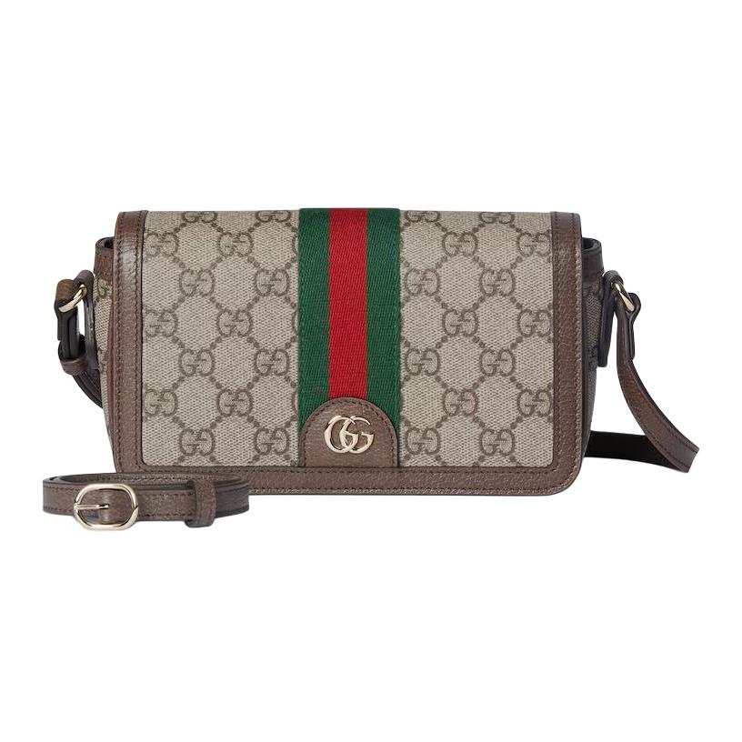 GUCCI Ophidia Canvas With Leather Shoulder Bag Mini Women's Beige & Dark Brown
