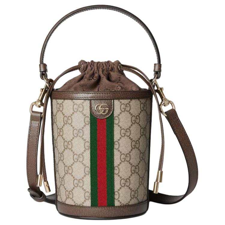 GUCCI Ophidia Canvas With Leather Bucket Bag, One Shoulder Handbag Mini Women's Beige & Dark Brown
