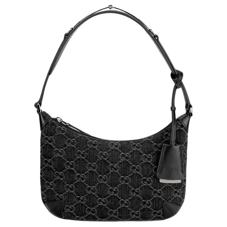 GUCCI Denim With Leather Binding Handbag, Shoulder Bag Small Women's Black & Gray