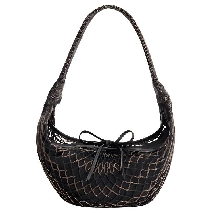 Lemaire Fabric With Sheepskin Fishnet Shoulder Bag Small Women's Ice Chestnut & Black Herringbone